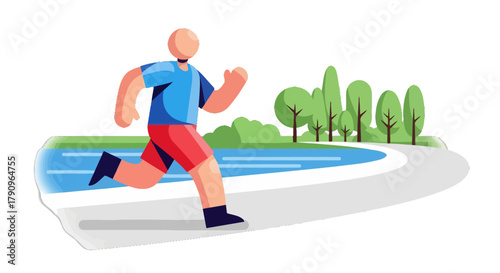 Runner Exercising Outdoors With Trees and Water During The Sunrise, Flat Illustration Concept