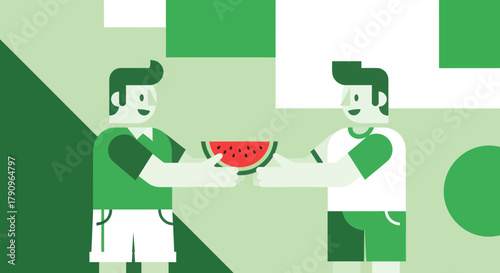 Sharing Watermelon Slice Between Two Friends: A Vibrant Vector Illustration