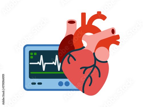 An illustration of a human heart next to a medical monitor displaying a heartbeat