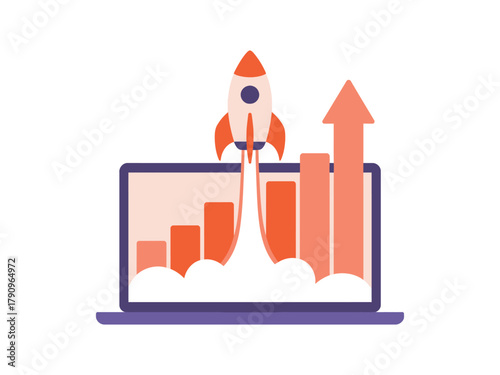 A rocket launches from a laptop screen, symbolizing business growth and success.
