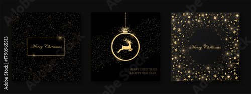 Pack of festive greeting cards with Christmas  ball and dear on black background. Holiday pattern. Vector illustratio