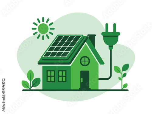 A green house is powered by solar panels and connected to an electrical plug.