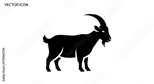 Goat Icon in Minimalist Design: A simple, elegant goat icon, ideal for design projects, featuring a goat standing confidently with prominent horns and beard, embodying strength and resilience.