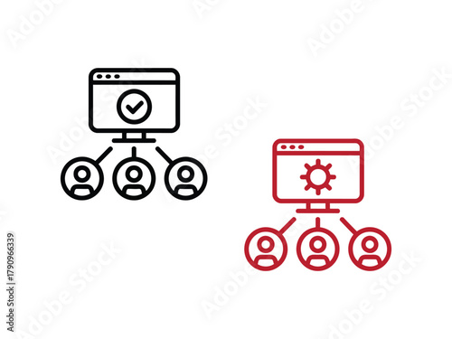 Two stylized icons depict a computer screen connected to three user profiles, representing network management and digital collaboration with one instance featuring a checkmark and the other a gear.