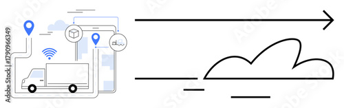 Truck with GPS pins, wireless connection icon, and cloud symbol representing logistics, delivery, digital monitoring, location tracking, fleet management, supply chain and innovation. Simple flat