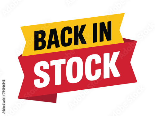 A bright red and yellow banner displays the words "BACK IN STOCK" in bold white and black lettering, indicating product availability.