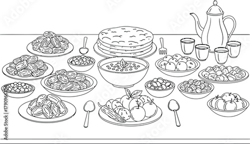A detailed line drawing of a traditional middle eastern feast spread on a table