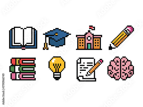 A pixel art collection of educational symbols including an open book, graduation cap, school building, pencil, stack of books, light bulb, paper with writing, and a brain.