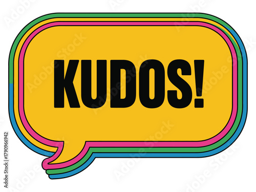 The word "KUDOS!" is displayed in bold black capital letters within a colorful, layered speech bubble graphic illustration.