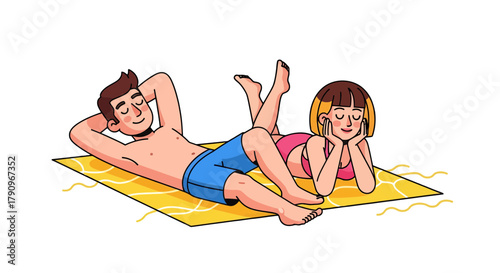 Relaxing Couple Enjoying Sunny Day on Beach Blanket with Beautiful Illustration Design