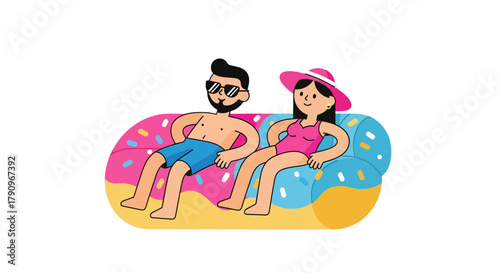 Relaxing Couple Enjoying Sunshine on Inflatable Raft in Summer Vacation Time