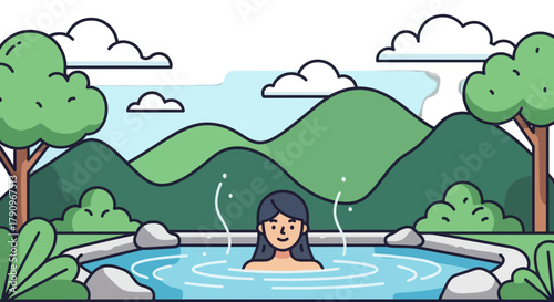 Relaxing In A Hot Spring Surrounded By Lush Green Hills And Cloudy Skies Illustration
