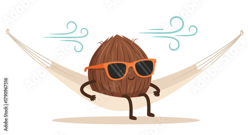 Relaxation In Paradise: Coconut Character Enjoys Sunny Day On Hammock With Sunglasses