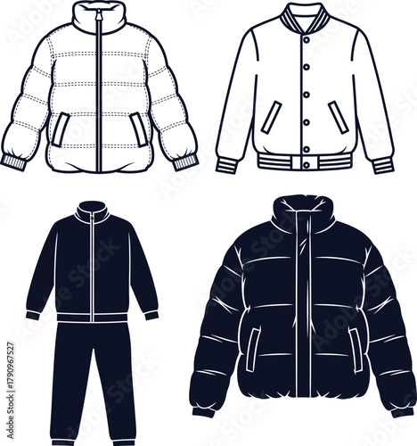 Four outerwear garments including puffer jackets, bomber jacket, and tracksuit clothing fashion