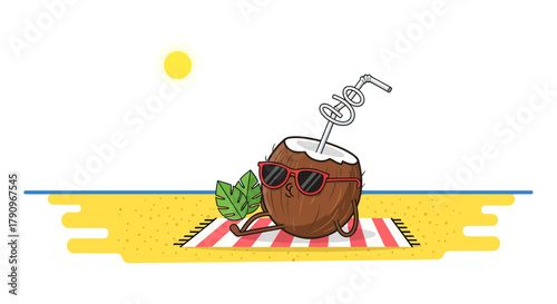 Relaxed Coconut Enjoying Summer Vacation in Sunglasses on the Beach Sunny Day