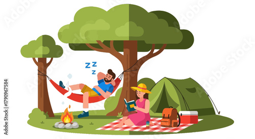 Relaxed Couple Camping Under a Tree Enjoying Their Leisure Time Outdoors