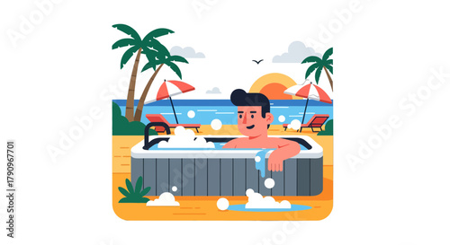 Relaxed Man Enjoying Vacation in a Hot Tub on a Tropical Beach Scene