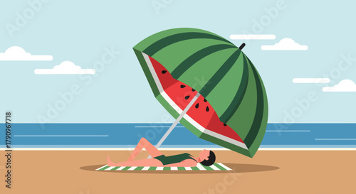 Relaxing On The Beach Under A Watermelon-Themed Umbrella, Enjoying Summer Time