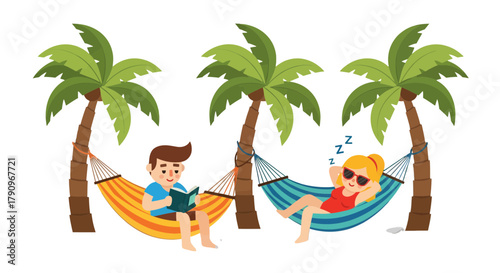 Relaxing On Tropical Beach: Reading Book And Lounging In A Hammock Under Palms