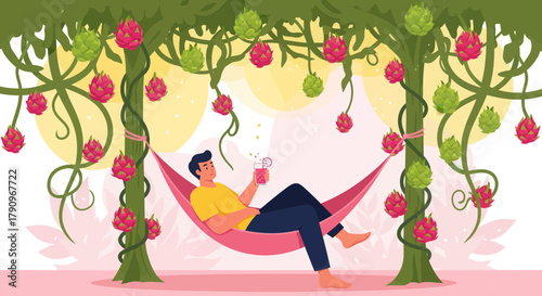 Relaxed Man In Hammock Enjoying a Refreshing Tropical Drink Among Dragon Fruit