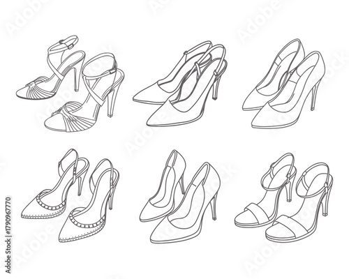 Set of womens shoes. Collection of elegant high heels shoes. Sketch.