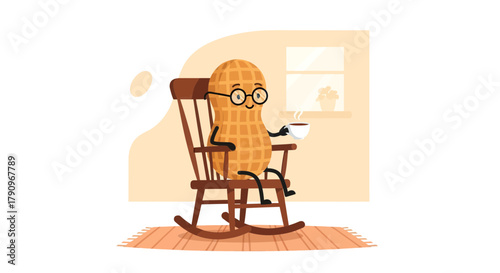 Relaxed Peanut Character in Glasses Enjoys Coffee While Rocking in Chair