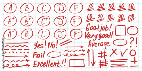 Exam grade red pen elements. Gradation elements for teachers in doodle hand drawn style. Doodle exam grade elements