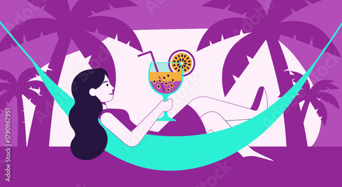 Relaxed Vacation Scene Depicting Woman Enjoying Tropical Drink in a Hammock on Beach