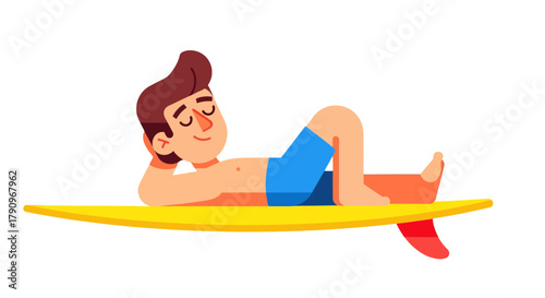 Relaxed Surfer Lounging on Surfboard After Enjoying Tropical Water Activities