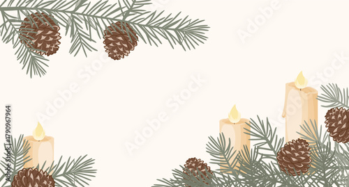 Festive winter background with pine branches, pine cones and lit candles. Christmas background.