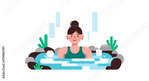 Relaxed Woman Enjoying Thermal Spa Experience With Abstract Geometric Illustrations