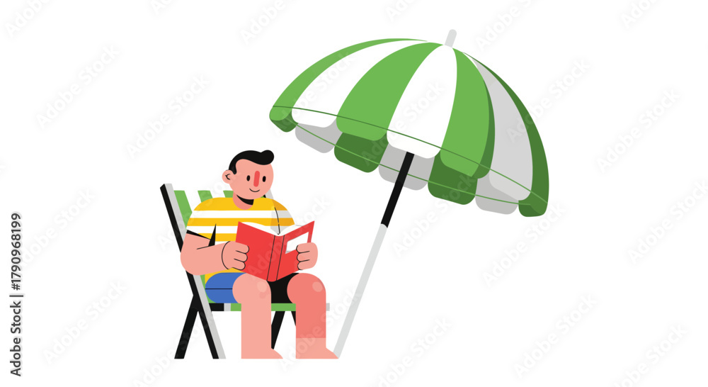 Fototapeta premium Relaxing With A Book Under An Umbrella In A Summer Day Illustration