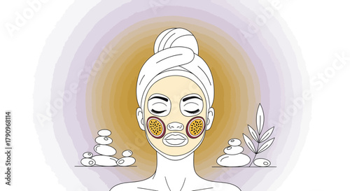 Relaxed Woman Receiving Passionfruit Facial Treatment Spa Wellness Concept Illustration