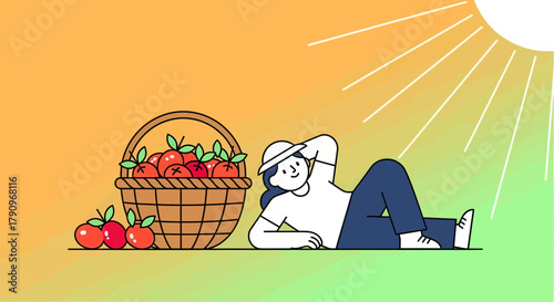 Relaxing Under The Sun Near Red Apples In a Basket, Enjoying Peaceful Leisure