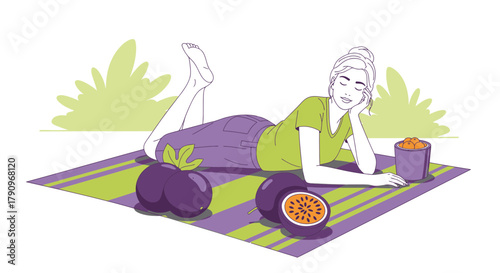 Relaxed Woman Resting Enjoying Tropical Fruits On A Picnic Mat In The Sun