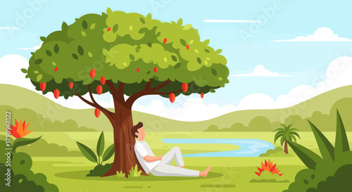 Relaxing Under The Shade Of A Tree Symbolizes Peace, Leisure, and Tranquility Scene