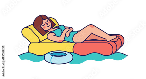 Relaxed Woman Sunbathing on Floatation Device During Summer Holiday Vacation Scene
