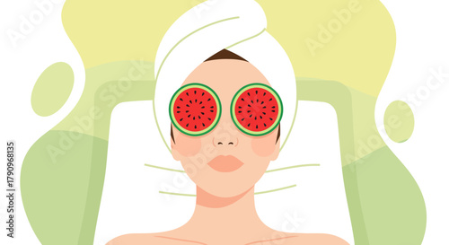 Relaxed Woman With Watermelon Eye Masks, Enjoying Beauty Spa Treatments for Wellness