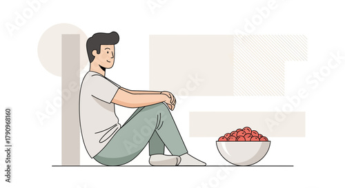 Relaxed Young Man Beside A Bowl Of Fresh Fruits In A Minimalistic Illustration Style