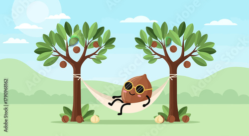 Relaxing Acorn Character Wearing Sunglasses in a Hammock Enjoying a Sunny Afternoon