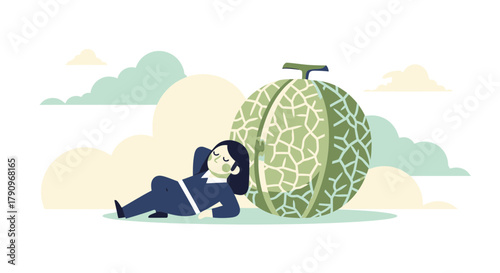 Relaxing Against a Cantaloupe: A Vector Illustration Showcasing Serenity and Recreation