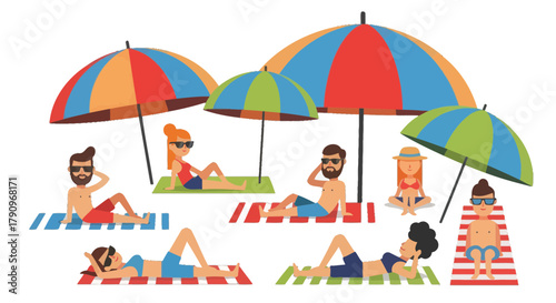 Relaxing Underneath Beach Umbrellas, People Enjoying A Summer Vacation Getaway