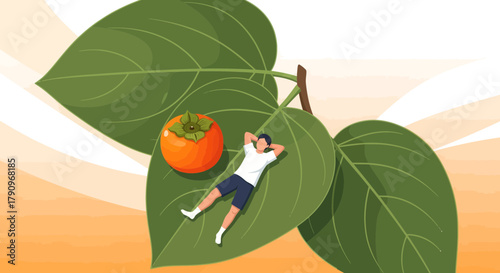 Relaxing Underneath Giant Leaves: A Tranquil Scene of Leisure and Botanical Delight