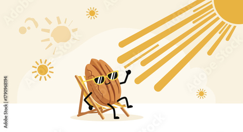 Relaxing Almond Cartoon on the Beach: Sunbathing and Enjoying Summer Vacation