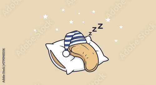 Rest Relaxing Sleep Nut Wearing a Sleep Cap On Soft Pillow With Stars Background