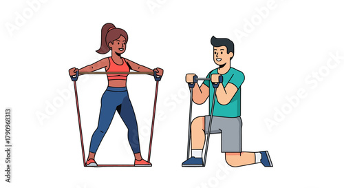 Resistance Training Duo: Illustrated Fitness Session Involving Health And Well-Being