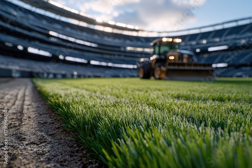 Preparing the baseball field with heavy machinery during a sunny day