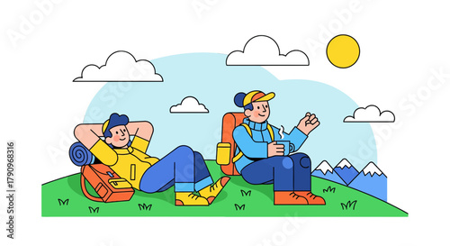 Rest And Enjoy The Scenery While Hiking And Drinking Hot Beverage With Friend