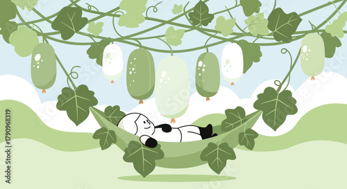 Rest Relax Enjoyment Illustration Depicting Person Reclining Amongst Vegetables and Vines