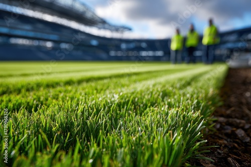 Workers inspect freshly mown grass on a sports field in bright daylight